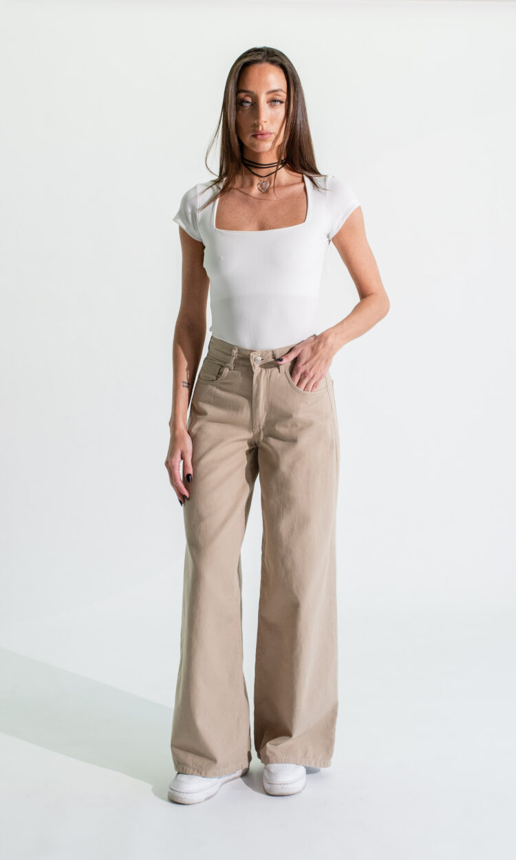 [11268] wideleg gabardina beige y crudo